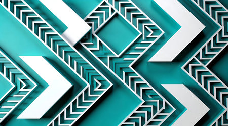 A creative digital illustration depicting Endless repeating chevron arrow patterns in teal background, crisp geometric lighting, dynamic directional mood, seamless interlocking design, professional commercial art. This AI-generated artwork features unique visual elements suitable for various commercial and editorial applications. AI-generated illustration.の素材
