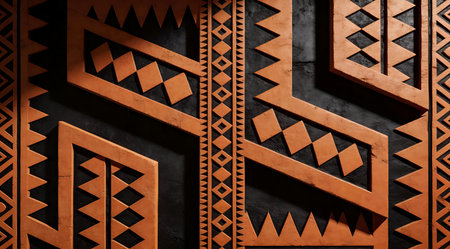 Bold creative artwork blending tribal geometric patterns in warm terracotta shades against stark black, dramatized by shadow lighting to convey a cultural and adventurous mood. Perfect for graphic design projects, apparel prints, website elements, posters, and branding in travel, fashion, and lifestyle sectors appealing to adventure seekers and cultural enthu... AI-generated digital illustration. AI-generated illustration.の素材