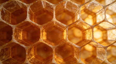 A creative digital illustration depicting Honeycomb cell structure background in amber tones, hexagonal cells, warm backlit glow, natural geometric mood high quality art. This AI-generated artwork features unique visual elements suitable for various commercial and editorial applications. AI-generated illustration.の素材
