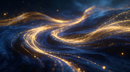 A creative digital illustration depicting Seamless abstract background of swirling golden particles on deep navy, subtle glow, ethereal lighting, luxurious and dynamic commercial illustration. This AI-generated artwork features unique visual elements suitable for various commercial and editorial applications. AI-generated illustration.の素材