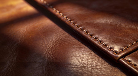A creative digital illustration depicting Creative texture background of leather grain in chocolate browns, stitched edges, warm ambient light, premium tactile digital art. This AI-generated artwork features unique visual elements suitable for various commercial and editorial applications. AI-generated illustration.の素材