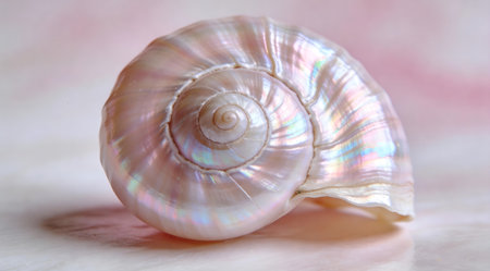 A creative digital illustration depicting High quality commercial texture of sea shell spiral interiors pearlescent, nacre iridescent layers, diffused shell light, marine elegant mood, pinks whites. This AI-generated artwork features unique visual elements suitable for various commercial and editorial applications. AI-generated illustration.の素材