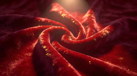 A creative digital illustration depicting Velvet fabric texture background in deep crimson red, plush folds and sheen, studio spotlight lighting, luxurious tactile mood digital art. This AI-generated artwork features unique visual elements suitable for various commercial and editorial applications. AI-generated illustration.の素材