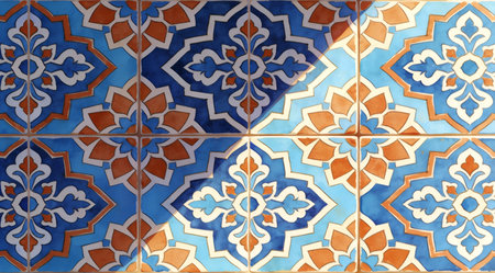 A creative digital illustration depicting Vibrant pattern background of Moroccan tiles in azure blues and terracotta, intricate motifs, bright Mediterranean lighting commercial illustration. This AI-generated artwork features unique visual elements suitable for various commercial and editorial applications. AI-generated illustration.の素材