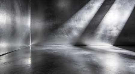 A creative digital illustration depicting High resolution abstract background of metallic brushed silver texture, sleek reflections, studio spotlight, modern industrial commercial art. This AI-generated artwork features unique visual elements suitable for various commercial and editorial applications. AI-generated illustration.の素材