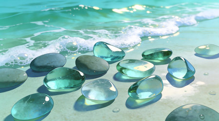 Clean elegant digital illustration evoking nautical serenity with subtle wet reflective shines and soothing turquoise greens. Ideal for commercial applications in web design, product packaging, apparel prints, and branding for coastal, spa, wellness, and lifestyle themes. Versatile sophisticated style enhances modern creative projects with refreshing appeal. . AI-generated digital illustration. AI-generated illustration.の素材