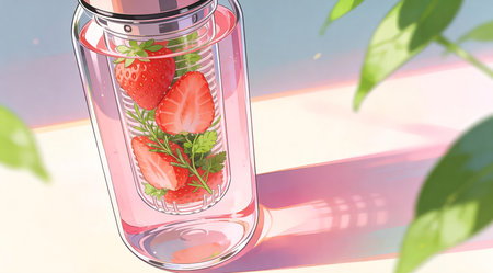 Vibrant professional illustration evoking a hydrating and refreshing mood with elegant upright composition, bright sunlight illumination, and harmonious pink-green color palette. Perfect for wellness branding, fitness marketing, beverage packaging, health apps, and promotional graphics targeting health-conscious consumers. Clean, detailed style offers versati... AI-generated digital illustration. AI-generated illustration.の素材