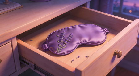 A creative digital illustration depicting Restorative high quality illustration of lavender eye pillow on open desk drawer, serene twilight glow, rejuvenation mood, deep purples and silks, clean commercial composition. This AI-generated artwork features unique visual elements suitable for various commercial and editorial applications. AI-generated illustration.の素材