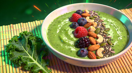 Energized digital rendering with vibrant studio lighting evoking a nutrient boost mood through deep greens and colorful accents. Ideal for health and wellness marketing, recipe websites, fitness apps, nutritional packaging, and social media content targeting health-conscious consumers and food enthusiasts. Versatile artistic style promotes vitality and fresh... AI-generated digital illustration. AI-generated illustration.の素材