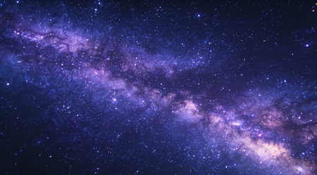 A creative digital illustration depicting High quality starry night sky with nebula clouds background, twinkling starfield lighting, vast cosmic expanse, dreamy infinite mood, deep indigo purples. This AI-generated artwork features unique visual elements suitable for various commercial and editorial applications. AI-generated illustration.の素材