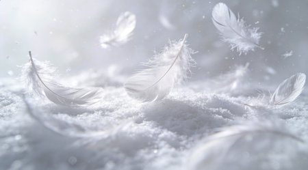 A creative digital illustration depicting High quality artistic background of soft floating white feathers scattered lightly, gentle diffused glow, airy random placement, whimsical light mood, snowy whites. This AI-generated artwork features unique visual elements suitable for various commercial and editorial applications. AI-generated illustration.の素材