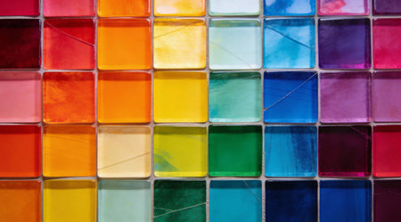 A creative digital illustration depicting Colorful mosaic tile patchwork background, bright mosaic glow, varied square fragments, eclectic artistic joy, vivid multicolored palette, commercial digital art style. This AI-generated artwork features unique visual elements suitable for various commercial and editorial applications. AI-generated illustration.の素材