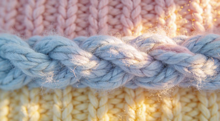 Professional digital artwork featuring intricate knitted wool texture in gentle pastel tones, evoking a comforting winter mood with fuzzy warm illumination. Ideal for textile designs, seasonal packaging, apparel graphics, and lifestyle branding in fashion and home decor sectors. Versatile for invitations, promotional materials, and digital mockups. . AI-generated digital illustration. AI-generated illustration.の素材