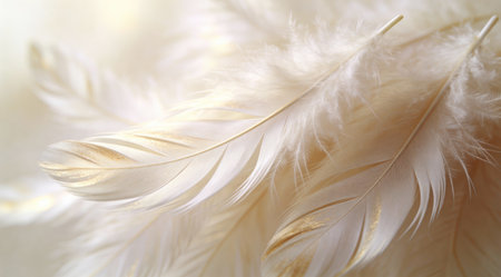 A creative digital illustration depicting Fluffy feather soft texture background in ivory, gentle diffused glow, layered plume details, light airy elegance, cream and pale gold tones, professional digital rendering. This AI-generated artwork features unique visual elements suitable for various commercial and editorial applications. AI-generated illustration.の素材