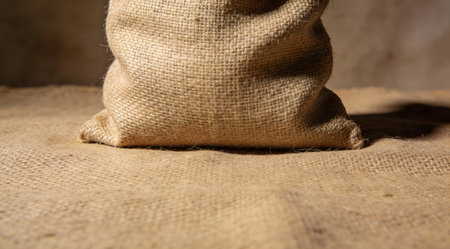 Clean commercial rustic texture design emphasizing coarse hessian weave, subtle shadows, and ambient lighting to evoke an organic tactile mood. Ideal for versatile applications in product packaging, digital overlays, textile patterns, web elements, and branding for eco-friendly products. Appeals to graphic designers, marketers, and industries like fashion, ag... AI-generated digital illustration. AI-generated illustration.の素材