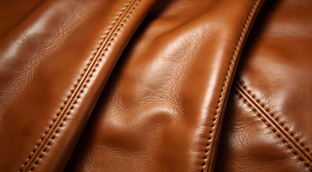 A creative digital illustration depicting Stylish professional background illustration of leather texture in cognac brown, fine stitching details, subtle emboss shine, sophisticated ambient lighting, luxury commercial design. This AI-generated artwork features unique visual elements suitable for various commercial and editorial applications. AI-generated illustration.の素材