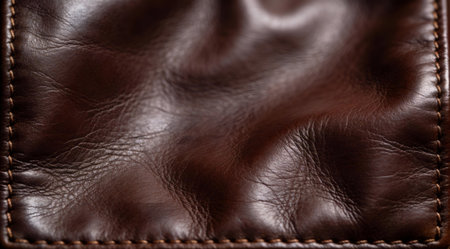 A creative digital illustration depicting Professional texture of leather grain background in dark chocolate brown, stitched edges, premium tactile mood, subtle emboss lighting. This AI-generated artwork features unique visual elements suitable for various commercial and editorial applications. AI-generated illustration.の素材