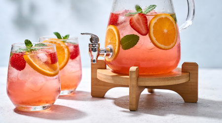 A creative digital illustration depicting Artistic commercial stock art of fruit-infused iced tea pitcher with glasses on serving stand, bright summer light, refreshing pinks and oranges. This AI-generated artwork features unique visual elements suitable for various commercial and editorial applications. AI-generated illustration.の素材