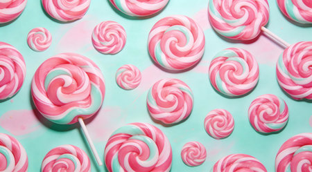 A creative digital illustration depicting Seamless creative art of pastel candy swirl pattern background in pink and mint, playful cheerful mood, soft vibrant lighting. This AI-generated artwork features unique visual elements suitable for various commercial and editorial applications. AI-generated illustration.の素材