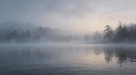 A creative digital illustration depicting Professional illustration of misty morning fog background over serene lake, soft diffused grays and blues, mysterious calm composition. This AI-generated artwork features unique visual elements suitable for various commercial and editorial applications. AI-generated illustration.の素材