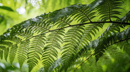 A creative digital illustration depicting Tropical fern fronds overlay background on lime green, feathery textures, humid rainforest light, lush exotic freshness, commercial design. This AI-generated artwork features unique visual elements suitable for various commercial and editorial applications. AI-generated illustration.の素材