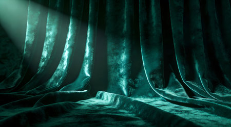 A creative digital illustration depicting Lush velvet curtain texture background in deep emerald, plush folds, dramatic spotlight, luxurious opulence, commercial artistic illustration. This AI-generated artwork features unique visual elements suitable for various commercial and editorial applications. AI-generated illustration.の素材