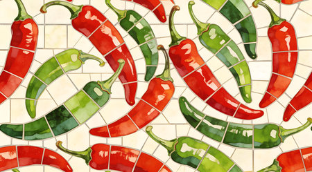 Energetic mosaic design bursting with chili peppers in vivid reds and lush greens, illuminated by spicy fresh lighting for a dynamic, patterned composition. Ideal for food packaging, restaurant branding, spicy product ads, and culinary website elements, appealing to designers in the food industry. This bold artistic style conveys heat and freshness, perfect f... AI-generated digital illustration. AI-generated illustration.の素材