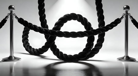 A creative digital illustration depicting Sophisticated digital design of velvet rope in raven black, twisted coils, elegant spotlight sheen, exclusive access luxury, profound monochrome intensity. This AI-generated artwork features unique visual elements suitable for various commercial and editorial applications. AI-generated illustration.の素材