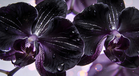 Sophisticated digital artwork capturing velvety textures in deep nocturnal purples, with intricate veining, dew-kissed highlights, and ethereal soft focus for an exotic floral allure. Ideal for luxury branding, premium cosmetic packaging, high-end fashion graphics, botanical wallpapers, and indulgent design projects appealing to upscale beauty and decor indus... AI-generated digital illustration. AI-generated illustration.の素材