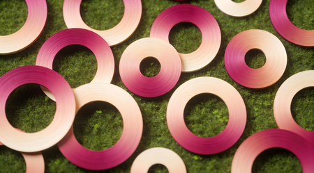 A creative digital illustration depicting Professional creative design featuring gentle soft gradients from magenta to soft taupe, circular transitions, vibrant serenity, soft glow. This AI-generated artwork features unique visual elements suitable for various commercial and editorial applications. AI-generated illustration.の素材