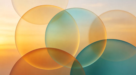 A creative digital illustration depicting Professional commercial art of dreamy abstract gradients in amber and aqua, circular fades, sunset tranquility, even glow. This AI-generated artwork features unique visual elements suitable for various commercial and editorial applications. AI-generated illustration.の素材