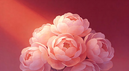 A creative digital illustration depicting Artistic illustration of tender crimson to soft maroon gradient background, diagonal fade, cozy atmosphere, gentle backlit effect. This AI-generated artwork features unique visual elements suitable for various commercial and editorial applications. AI-generated illustration.の素材