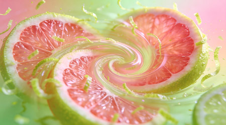 A creative digital illustration depicting Zesty soft abstract gradient creative design in grapefruit pink to lime zest, swirling citrus vortex, fresh juice glow, invigorating zest, appealing stock illustration. This AI-generated artwork features unique visual elements suitable for various commercial and editorial applications. AI-generated illustration.の素材