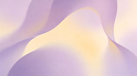 Elegant soft gradient fusing lavender and pale yellow hues, accented by flowing amorphous forms and diffused hazy lights for a tranquil, inviting mood. Ideal for wellness marketing, spa interfaces, meditation platforms, yoga branding, and calming digital overlays. This versatile artistic creation suits designers targeting relaxation themes in commercial proje... AI-generated digital illustration. AI-generated illustration.の素材