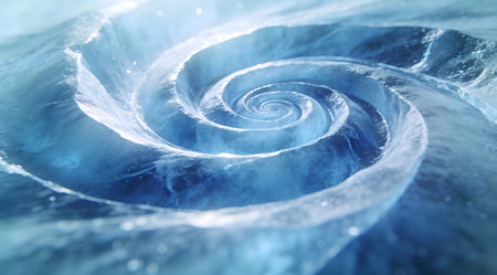 Captivating digital creation blending deep cobalt blues into soft icy tones through smooth gradients and swirling spirals, radiating a mesmerizing, hypnotic aura with diffused glacial illumination. Ideal for contemporary graphic design, website headers, mobile app visuals, branding in wellness, tech, and luxury industries, offering versatile appeal for advert... AI-generated digital illustration. AI-generated illustration.の素材