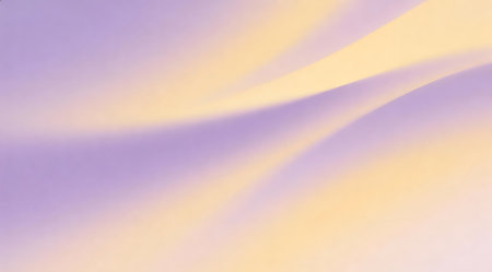 A creative digital illustration depicting Delicate abstract gradient background blending lavender to soft yellow, diagonal waves, hazy light diffusion, peaceful mood, professional illustration style, crisp clarity, universal design. This AI-generated artwork features unique visual elements suitable for various commercial and editorial applications. AI-generated illustration.の素材