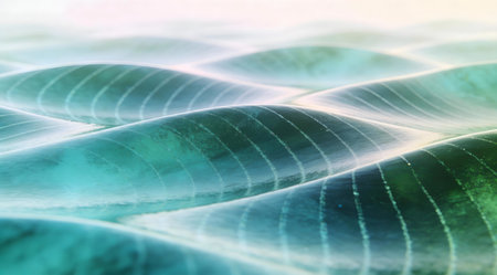 A creative digital illustration depicting Oceanic abstract gradient from turquoise to deep sea green, radial wave patterns, underwater soft rays, immersive tranquility, professional rendering, seamless layout. This AI-generated artwork features unique visual elements suitable for various commercial and editorial applications. AI-generated illustration.の素材