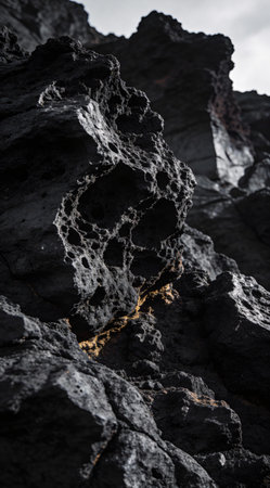 Sophisticated high-end digital artwork showcasing rugged porous textures in deep basalt black tones under dramatic low-angle illumination, evoking a primal yet opulent mood. Perfect for luxury branding, premium packaging, architectural renders, fashion editorials, and upscale interior design visuals. Its versatile artistic style suits commercial prints, web g... AI-generated digital illustration. AI-generated illustration.の素材