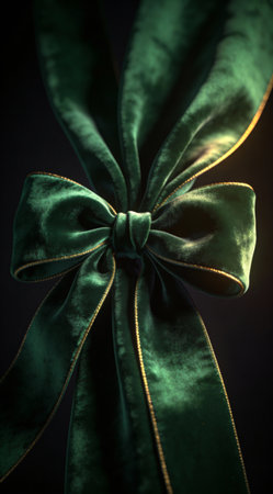 A creative digital illustration depicting High quality digital art of deep forest green velvet ribbon bow, tied folds composition, shadow play highlights, indulgent elegance. This AI-generated artwork features unique visual elements suitable for various commercial and editorial applications. AI-generated illustration.の素材