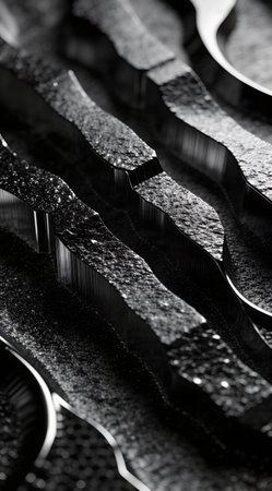 A creative digital illustration depicting Digital stock illustration of carbon black nano texture surface, microscopic pattern macro, subtle sheen, futuristic premium atmosphere. This AI-generated artwork features unique visual elements suitable for various commercial and editorial applications. AI-generated illustration.の素材