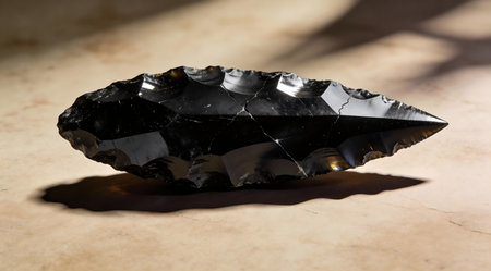 A creative digital illustration depicting Commercial art of obsidian arrowhead chipped edge texture, prehistoric stone polish, dramatic shadow play, ancient power vibe, glassy fractures in jet black, balanced composition. This AI-generated artwork features unique visual elements suitable for various commercial and editorial applications. AI-generated illustration.の素材