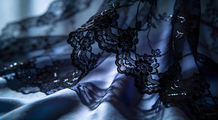 A creative digital illustration depicting Artistic render of shadowed black lace overlay on silk, delicate filigree texture, ethereal soft lighting, gothic opulent elegance, midnight tones with faint silver threads, high quality stock illustration. This AI-generated artwork features unique visual elements suitable for various commercial and editorial applications. AI-generated illustration.の素材