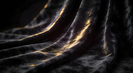 A creative digital illustration depicting Artistic creative design featuring folded dark velvet fabric in deep charcoal tones, elegant drapery composition, soft diffused lighting with golden highlights, sophisticated mysterious atmosphere, co. This AI-generated artwork features unique visual elements suitable for various commercial and editorial applications. AI-generated illustration.の素材