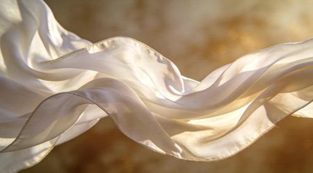 A creative digital illustration depicting Professional stock image of white silk scarf billowing waves, ethereal backlighting glow, premium fabric luxury texture composition. This AI-generated artwork features unique visual elements suitable for various commercial and editorial applications. AI-generated illustration.の素材