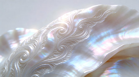 A creative digital illustration depicting Creative digital rendering of white mother-of-pearl shell texture, swirling patterns, macro lens view, ethereal backlit glow, sophisticated luxury mood, clean aesthetics. This AI-generated artwork features unique visual elements suitable for various commercial and editorial applications. AI-generated illustration.の素材
