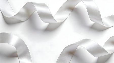 A creative digital illustration depicting Commercial digital art of satin ribbon curls textured smoothly, shimmering studio light, festive premium white illustration. This AI-generated artwork features unique visual elements suitable for various commercial and editorial applications. AI-generated illustration.の素材