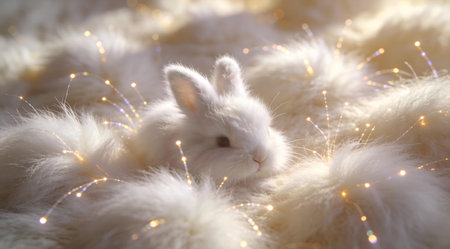 A creative digital illustration depicting Commercial digital art of white angora rabbit fur tufts, ultra-soft pile macro, plush fiber optic light play, textile indulgent luxury. This AI-generated artwork features unique visual elements suitable for various commercial and editorial applications. AI-generated illustration.の素材