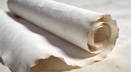 A creative digital illustration depicting Commercial digital design of white parchment paper with subtle creases, fibrous pulp texture, aged soft lighting, rolled scroll view, classical white elegance. This AI-generated artwork features unique visual elements suitable for various commercial and editorial applications. AI-generated illustration.の素材