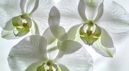 Sophisticated digital artwork capturing delicate petal textures through soft, translucent lighting, evoking an aura of exotic luxury and refined elegance. Ideal for premium beauty packaging, high-fashion textiles, luxury branding visuals, and upscale digital wallpapers in commercial design projects. This versatile floral motif appeals to creative professional... AI-generated digital illustration. AI-generated illustration.の素材