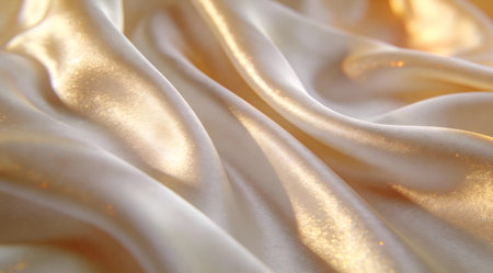 Elegant digital artwork emphasizing macro fabric textures with fluid wave drapes and subtle shimmer under warm golden hour side lighting, evoking a glamorous and smooth luxurious mood. Perfect for fashion design inspirations, textile mockups, premium packaging, luxury advertising visuals, and sophisticated website elements targeting high-end audiences. Profes... AI-generated digital illustration. AI-generated illustration.の素材